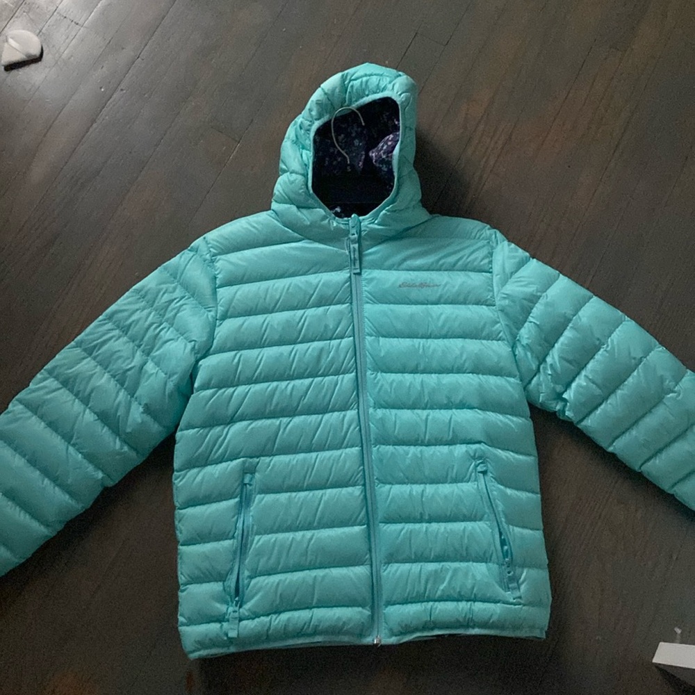 eddie bauer two sided teal puffer jacket